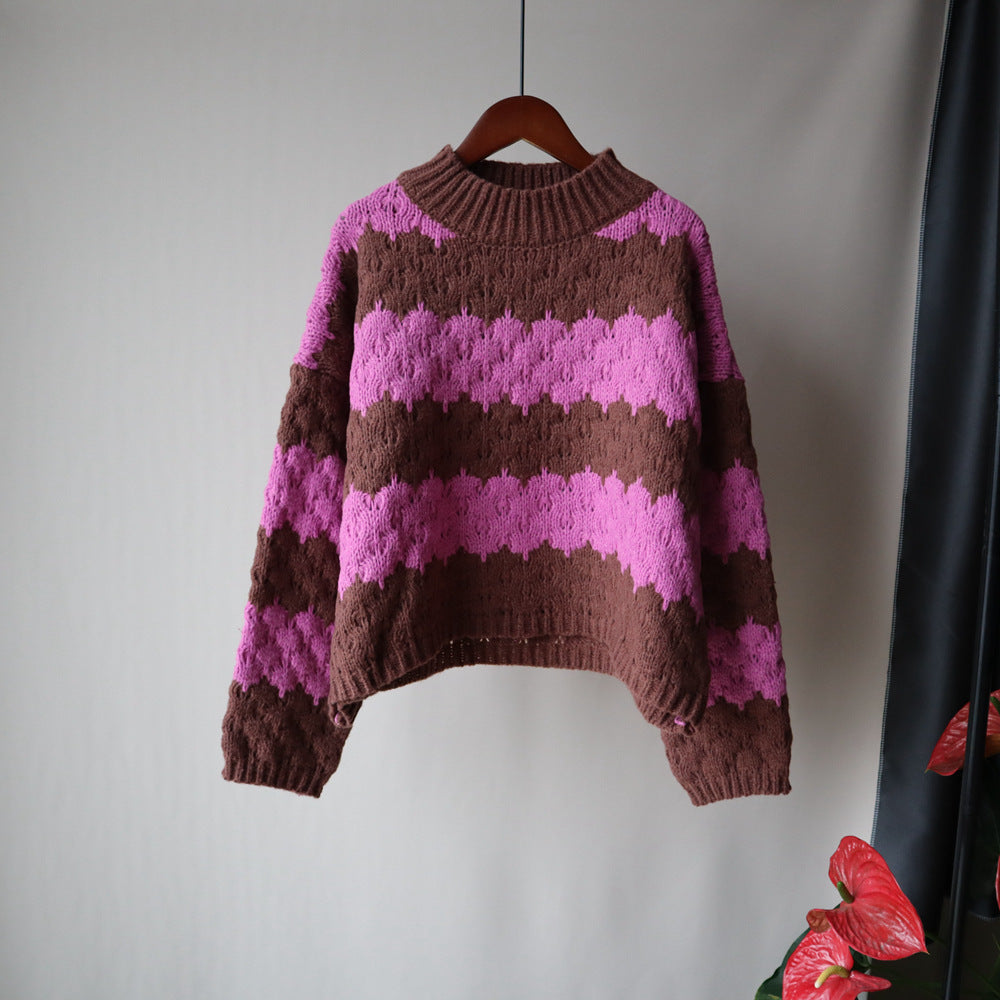 Retro Thick Sweater Contrast Striped Sweater Pink