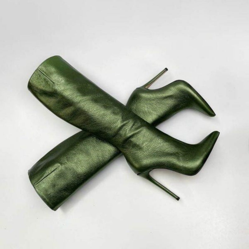 Pointed Toe Stiletto Heel High Leg Boot Foreign Trade Women's Boots Green