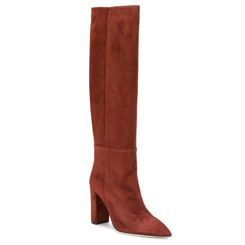 Brown Pointed Toe Thick High-heeled Knee Boots