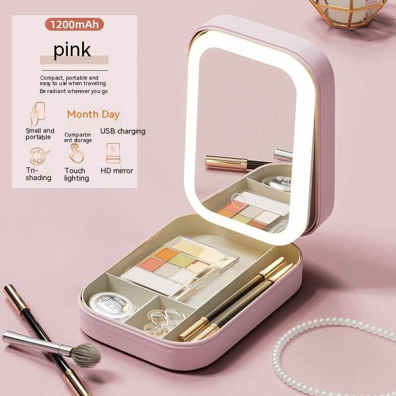 Makeup Storage Box With LED Light Mirror Portable Travel Makeup Cosmetics Storage Box Touch Light Storage Organizer Cherry Blossom Pink USB