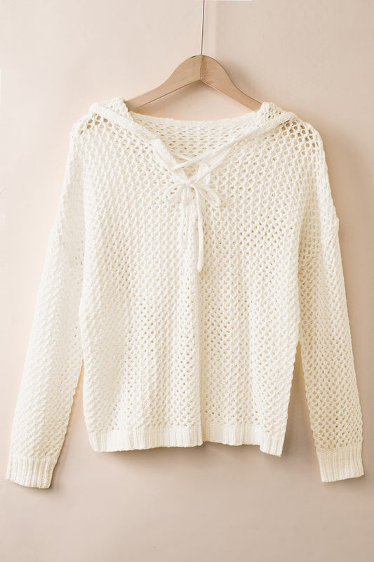 Openwork Lace-Up Hooded Sweater Cream