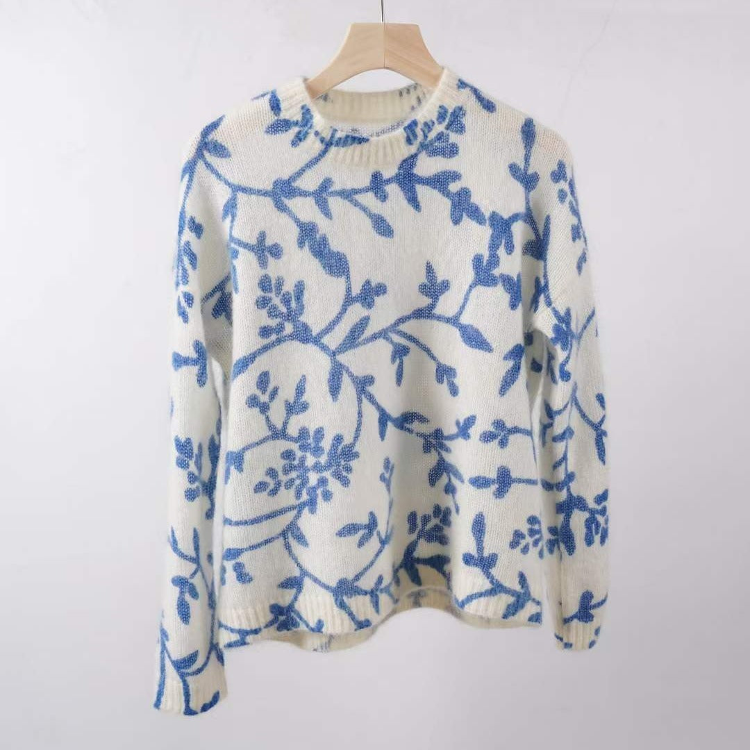 Mohair Printed Pullover Elegant Flower Porcelain Style Blue Pattern