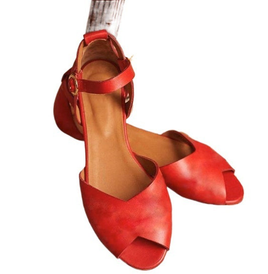 Women's Flat Leather Sandals Red